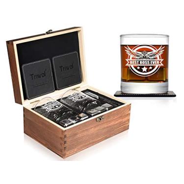 Imagem de Best Boss Ever Whiskey Pedras de vidro presentes para chefe, masculinos engraçados para o dia de aniversário para chefes, supervisores de escritório, administrador, mentor, treinador, amigos, bourbon Scotch Glass conjunto de presente