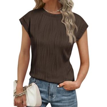 Imagem de LILLUSORY Blusas femininas elegantes de manga curta gola redonda texturizadas lindas camisetas básicas de verão 2024 blusas de trabalho, Café, XXG