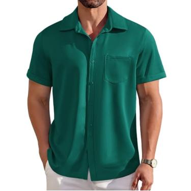 Imagem de COOFANDY Camisa masculina casual de manga curta com botões, sem rugas, camisa social de verão sem tucked com bolso, Verde lago, M
