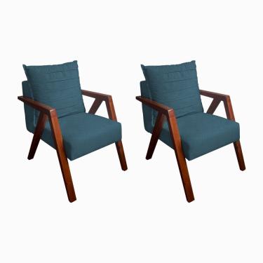 Imagem de Kit 2 Poltronas Monalisa Decorativa Mona Pés de Madeira Maciça Linho Azul 