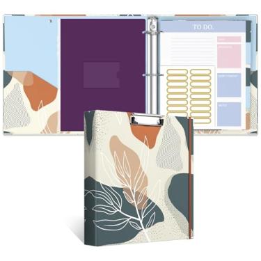 Imagem de Fichário de 3 anéis, fichário redondo de 5 cm com prancheta, abas divisórias, mangas de bolsa com zíper de PVC e planejadores de listas de tarefas, fichário decorativo para mulheres, homens, escola,