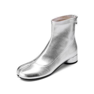Imagem de Cuctos Botas femininas Tabi, bico dividido, cano baixo, salto baixo, botas de couro artificial, Prateado, 35