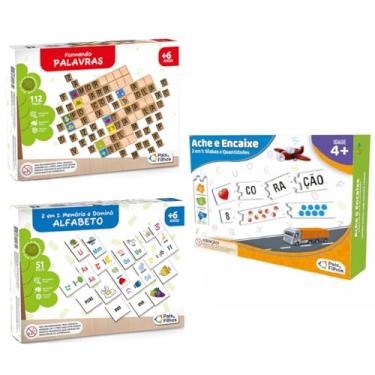 Imagem de Jogos Alfabetização Escolar Formando Palavras + Jogo 2 em 1 Dominó + Jogo da Memória + Ache e Encaixe - Pais e Filhos