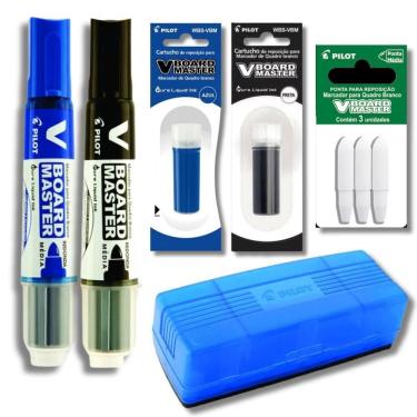 Imagem de Kit 2 Marcadores Quadro Branco + 2 Refil Marcador + Apagador + Refil De Ponta Pilot Azul E Preto