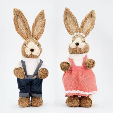 Imagem de Casal De Coelhos Coelhinhos De Páscoa Decoração em Palha 39cm