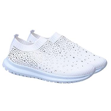 Imagem de 1 Par Tênis De Strass Tênis De Caminhada Feminino Mocassins De Plataforma De Conforto Sapatos Respiráveis Primavera e Outono Superior: Malha Sapatos De Corrida Senhorita Branco