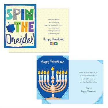 Imagem de Designer Greetings 16 cartões de felicitações de Hanukkah, desenho animado Dreidel e Menorah (2 designs sortidos, 8 cada)