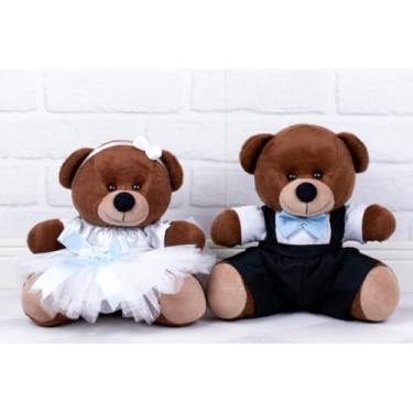 Imagem de Ursos de Pelúcia Casal Tedde Marron 15 cm, Conjunto de 2, Vestido Branco e Macacão Preto (Tedde Pajem Preto, Daminha Branca, detalhes azul claro - Pelúcia Marrom)
