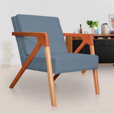 Imagem de Poltrona Decorativa Braços de Madeira Sala de Estar Monalisa Linho Azu