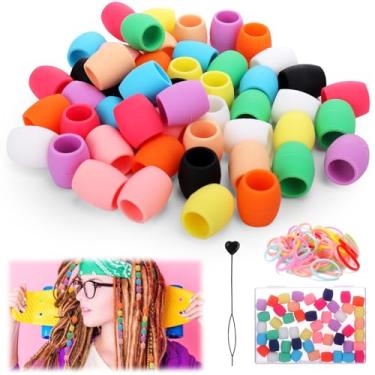 Imagem de Vodolo Contas de cabelo de silicone para crianças e meninas, 50 peças de contas de cabelo de silicone coloridas macias, grandes
