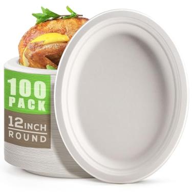 Imagem de Gezond Pratos de papel ovais 100% compostáveis, pacote com 100 unidades, grandes, descartáveis e resistentes, placas ecológicas de fibra de cana de açúcar, biodegradáveis para festas, churrasco e