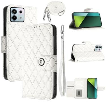 Imagem de Dswteny Capa carteira para Xiaomi Redmi Note 13 5G com alça de ombro transversal, padrão Argyle, suporte para cartão de crédito, suporte para celular para Redmi Note13 5G meninas mulheres branca