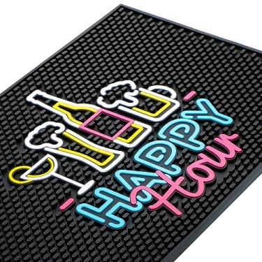 Imagem de Preboun Tapete de bar de 45 x 28 cm com padrão fluorescente borracha grossa antiderrapante preto tapete de derramamento de bar para bancada divertido e vibrante tapete de serviço de bar doméstico para café, cozinha, restaurante, balcão