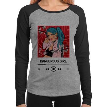 Imagem de Baby Look Raglan Dangerous Girl Manga Longa - Foca na Moda, Cinza, Pre