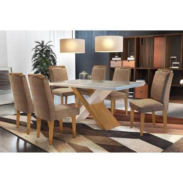 Imagem de Conjunto: Mesa de Cozinha Imperatriz Tampo Madeirado c/ Vidro Canto Reto 180x90cm e 6 Cadeiras Athenas Imbuia/Suede Capuccino - Rufato