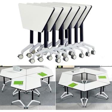 Imagem de Mesas de conferência trapezoidais, mesa de reunião dobrável, mesa de treinamento móvel com emenda e rodas traváveis, mesa de seminário de escritório, recepção, sala de reuniões, 6 peças