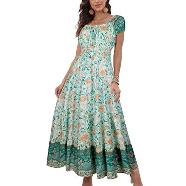 Imagem de OSTOO Vestido maxi feminino 2024 verão manga curta Boho estampa floral em camadas casual rodado, Flor verde, G