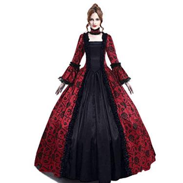 Imagem de HFU Vestido de baile de renda medieval renascentista feminino sobre vestidos longos festa gótico rainha baile de máscaras fantasia (113# vermelho, M)