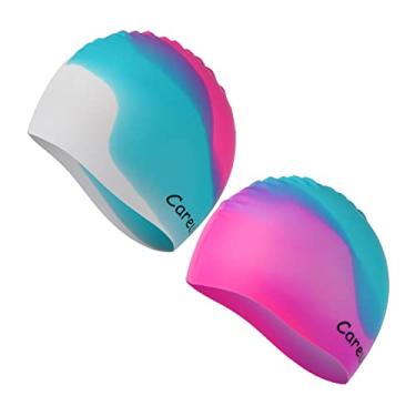 Imagem de Touca de natação, pacote com 2 toucas de natação de silicone duráveis para crianças, meninas, meninos e jovens (idades 2-12), macias 3D ergonômicas, impermeáveis e macias, ajuste confortável para