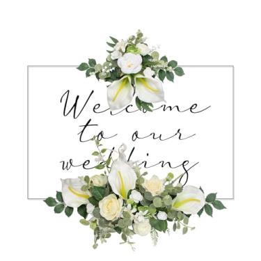 Imagem de BMQDSM Conjunto de 2 guirlandas de flores falsas para decoração de casamento para recepção e placa de boas-vindas de casamento (branca)