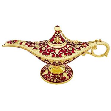 Imagem de Lâmpada vintage Legend Aladdin mágica Genie Wishing Light, colecionável rara clássica fantasia árabe adereços luminária decoração de mesa artesanato para decoração de casa/casamento, Vermelho