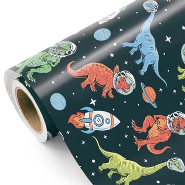 Imagem de WRAPAHOLIC Papel de embrulho de dinossauro espacial - Mini rolo - 43 cm x 40 cm - Papel de embrulho de aniversário de foguete astronauta dinossauro para crianças, meninos, chá de bebê