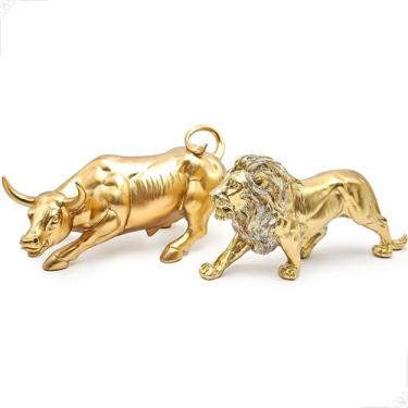 Imagem de Kit Leão Touro Estátua Decorativa Enfeite Sala Estante Mesa Escritório