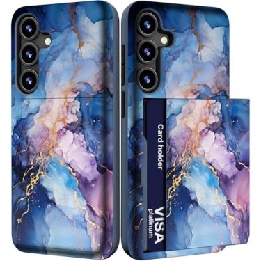 Imagem de IWONE Capa para celular compatível com Samsung Galaxy S24 FE fofa com porta-cartões/S24FE Slim Slot Wallet Phone Cover para mulheres/azul rosa mármore pedra natural redemoinhos pintura abstrata