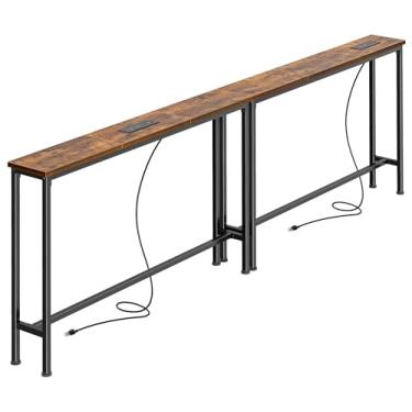 Imagem de SUPERJARE Mesa de console estreita de 200 cm com tomada, conjunto de 2 mesas de sofá, mesas de entrada longas com estação de carregamento, para sala de estar, marrom rusitc