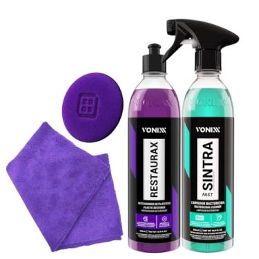 Imagem de Kit Para Limpeza e Revitalização de Plasticos Externos Sintra Fast Limpador Bactericida para Plásticos + Restaurax Renovador De Plasticos com Toalha e Aplicador Roxo