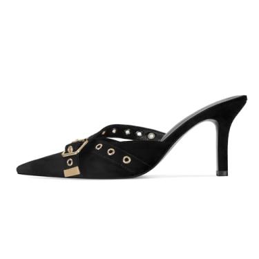 Imagem de Dsevht Salto gatinho preto feminino bico fino fechado elegante salto laço vintage mules sexy pontudo cravejado sapato stiletto, Camurça preta, 38