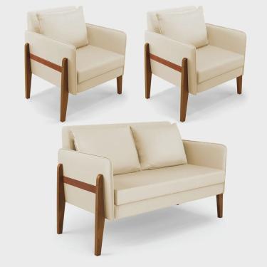 Imagem de Kit 1 Sofá Namoradeira e 2 Poltronas Lana Corino Bege Base de Madeira - D'Rossi