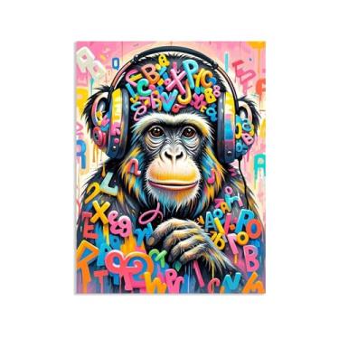 Imagem de SDYJ6GSW Monkey Street Graffiti Impressão em Tela Arte de Parede, Macaco com Fones de Ouvido DJ, Banksy Arte em Tela Animal para Meninos Adolescentes Quarto Sala de Estar Decoração de Parede 80 x 60