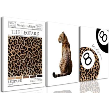 Imagem de Conjunto de 3 peças de arte de parede em tela de leopardo moderno com 8 bolas de guepardo Funky Lucky 8 estampas modernas de leopardo para quarto infantil fotos estéticas para meninas quarto