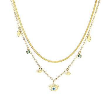 Imagem de cmoonry Gargantilha de aço inoxidável 316L banhado a ouro 18 K com duas camadas de olho turco para mulheres sortudo olho azul joia presente para mulheres namorada mãe, Banhado a ouro, Turquesa