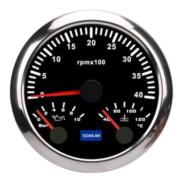 Imagem de 3 Em 1 Tacômetro Elétrico, Pressão do óleo, Medidor de Temperatura água 3 3/8in 4000rpm 0 a 10bar 40 a 120 ℃, 7 Cores Iluminada para o Caminhão de Iate RV (Moldura prateada