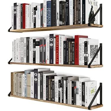 Imagem de Wallniture Prateleiras flutuantes grandes de 91 cm para armazenamento de parede, conjunto de 3 estantes, prateleiras de parede de madeira queimada escura para livros