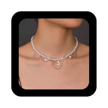 Imagem de Erimberate Colar gargantilha boêmia, lua, estrela, prata, pingente de lua crescente, colar de estrela, colar minimalista, corrente de borla crescente, joia feminina, Zinco, Sem Pedra Preciosa