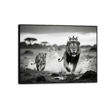 Imagem de Arte de parede em tela leão e leoa leões ferozes em uma tempestade impressão preto e branco animal casal decoração de parede para quarto decoração de escritório 50 x 40 cm (20 x 16 pol) moldura preta