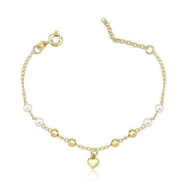 Imagem de Pulseira Infantil de Bolinhas e Pérolas com Coração Folheada a Ouro 18