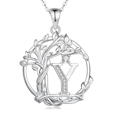 Imagem de FANCIME Presentes de dia das mães, árvore da vida, colares com inicial para mulheres, joia de árvore de prata esterlina, pingente de letra de diamante simulado, zircônia cúbica, zircônia cúbica,