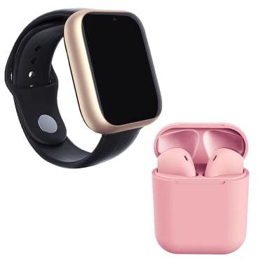 Imagem de Kit 1 Smartwatch A1 Pro Plus Dourado + 1 Fone Inpods 12 Rosa