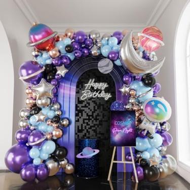 Imagem de Galaxy Space Balloon Garland Kit 140pcs purple blue black Outer Space theme Birthday Decorations with Astronaut Moon & Star diy 4D planet foil Balloons for Girls Kids Space Party Supplies