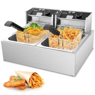 Imagem de Fritadeira com cesta de fritadeiras elétricas comerciais, aço inoxidável, fritadeira a óleo 12,7QT/12L grande capacidade para uso doméstico comercial com limitador de temperatura