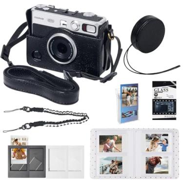 Imagem de CAIYOULE Capa Para Câmera Evo Fujifilm Instax Mini Evo, Estojo De Transporte Em Couro Legítimo, Inclui Bolsa, Álbum Fotos, Alça Mão Trançada, Tampa Lente, Protetor Tela, Moldura - Preta