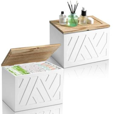 Imagem de MROUEN Suporte de absorvente interno para banheiro, organizador de produtos femininos de 2 peças com tampa, caixa de armazenamento de madeira