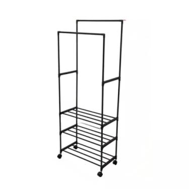 Imagem de Arara De Roupa Dupla em Aço Inox Cabideiro Sapateira Com Prateleiras Multiuso(3 Camadas)