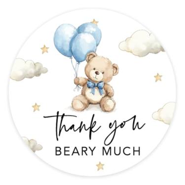 Imagem de Andaz Press Adesivos redondos de chá de bebê azul bebê Thank You Beary Much de 5 cm, decorações de chá de bebê ursinho de pelúcia, decorações We Can Bearly Wait, adesivos neutros para doces