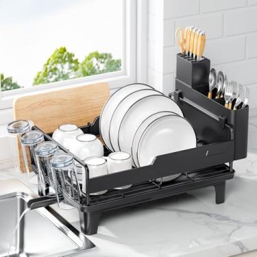 Imagem de Urackify Escorredor de pratos para balcão de cozinha, escorredor de pratos de bancada com drenagem, escorredor de pratos multifuncional com suporte de copos e tábua de corte, rack de armazenamento de