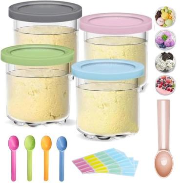 Imagem de Pacote com 4 recipientes de reposição para cápsulas e tampas de creme Ninja com série NC299AM C300s, recipientes de 473 ml Creami Deluxe com etiqueta, colher de sorvete, recipientes de cerveja Ninja